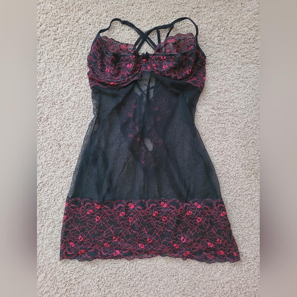 Frederick's of Hollywood Sheer Black Chemise with Red Lace